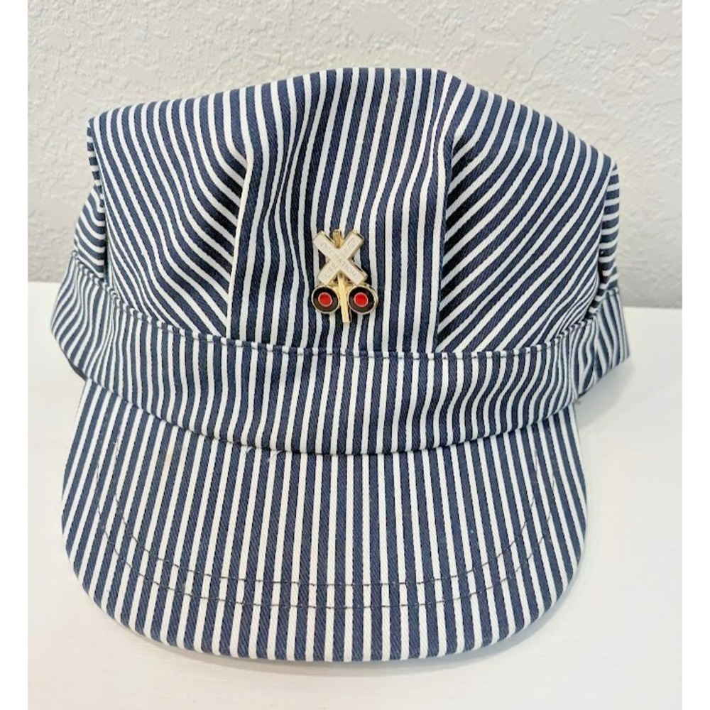 Youth‎ Train Conductor SnapBack, Railroad Pin,  Blue Striped Cap, Made In USA